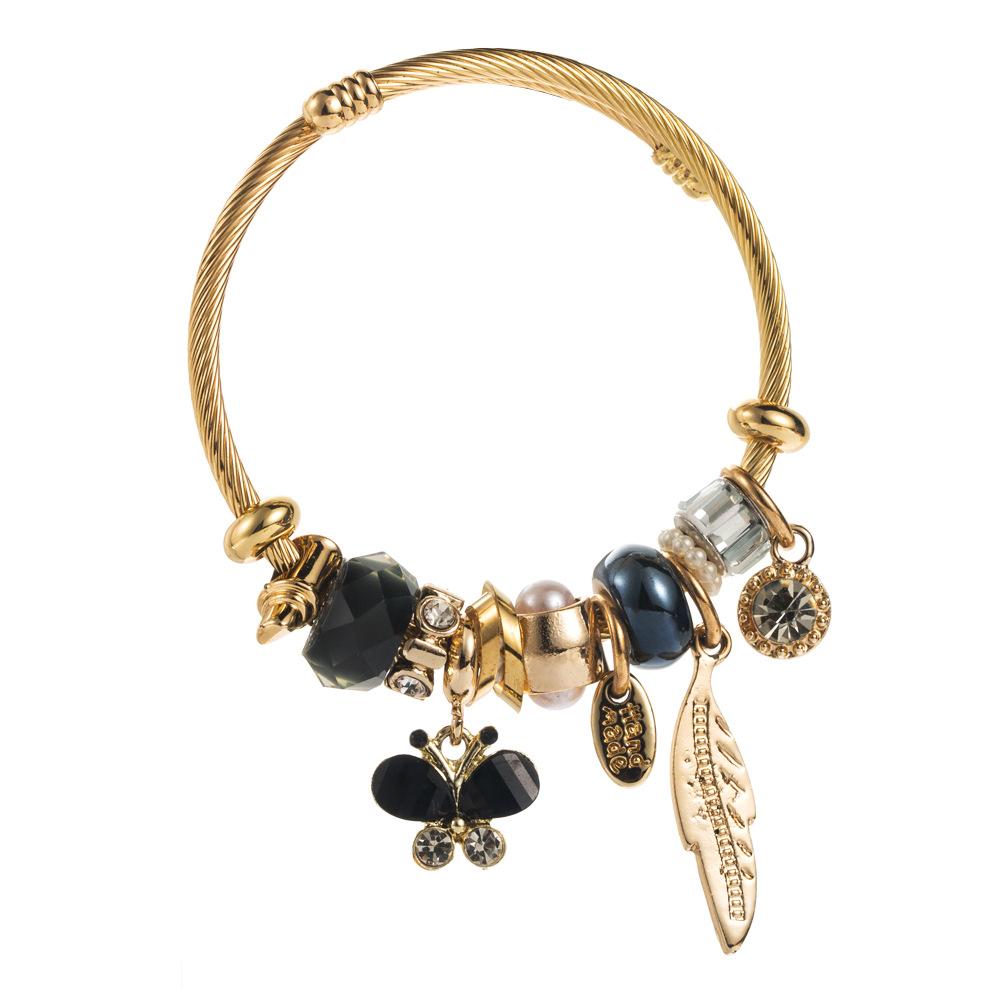 

Персонализированный браслет из нержавеющей стали с бусинами для женщин, инкрустированный бриллиантами, с подвеской в виде листа и бабочки, модный, стильный, элегантный браслет чёрный