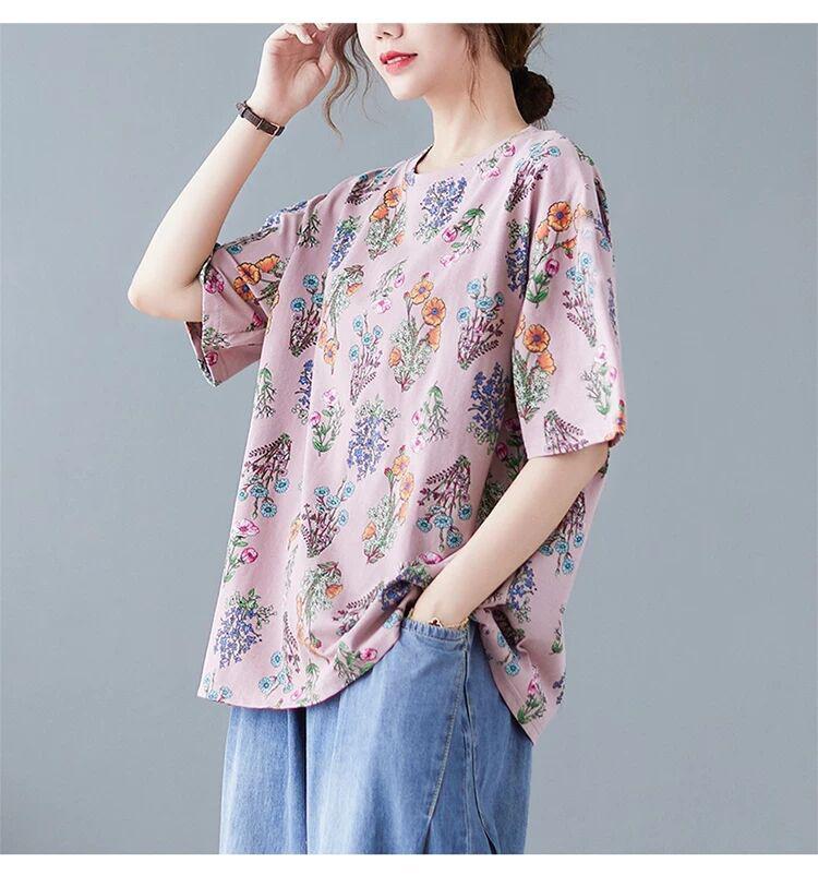 Floral Short-sleeved T-shirt Women's Plus Size Women's Spring and Summer Bottoming Shirt Casual Literary Blouse Loose and Thin