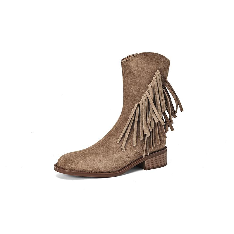 Krazing Pot Cow Suede Nubuck Autumn Winter Shoes Med Heels Size 42 Modern Boots Round Toe Zipper Tassel Ankle Boots