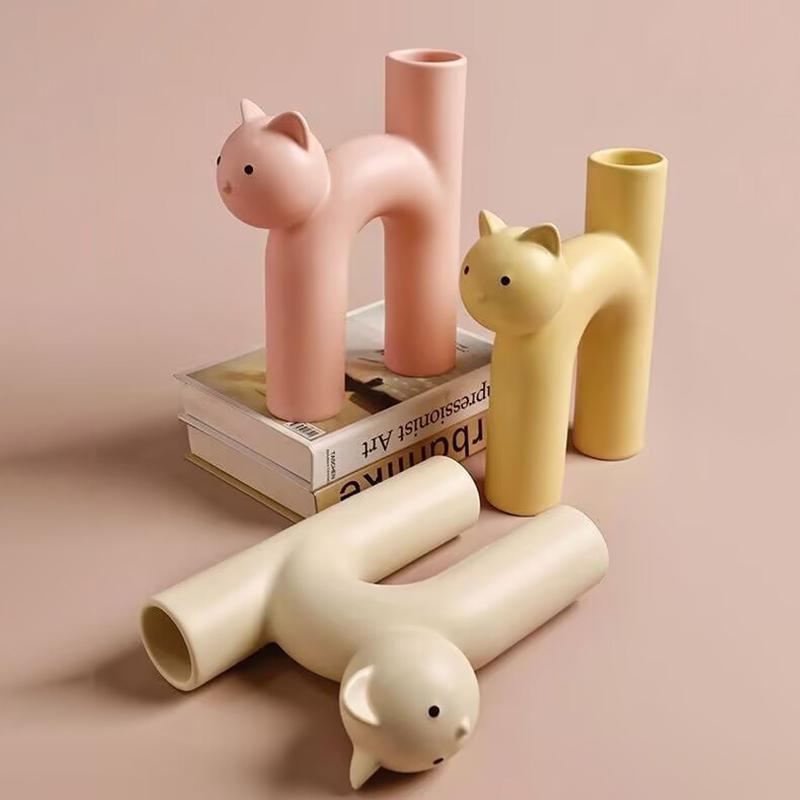 Nordic Cute Cat Shape Flower Vase Creative Resin Home Decor Living Room Entrance Tabletop Ornament Plant Hydroponics Container