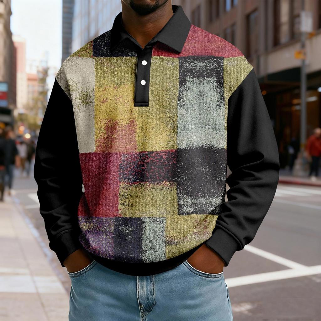 Men's Casual Loose Colorblock Print Lapel Button Long Sleeve Top