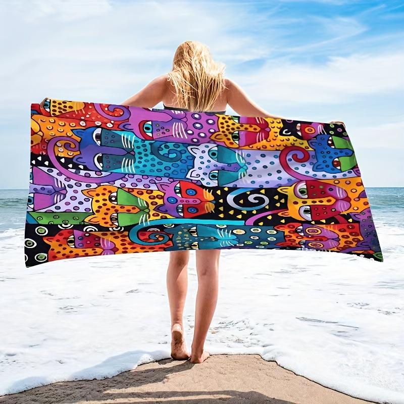 

Colorful Abstract Cat Beach Towel Single Sided Print Quick Dry Microfiber Towel for Pool Beach Swimming Boho Art for Cat Lovers W40*H60(CM)