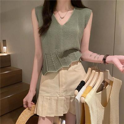 Französisches Retro V-Ausschnitt Ausgeschnittenes Unregelmäßiges Oberteil für den Sommer Schlankmachende und Schlankmachende Kurze Strickweste für Damen