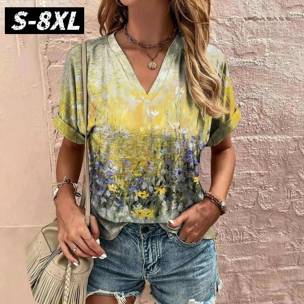 S-8XL Plus Size Vintage Floral Women's T-shirt Harajuku Tops V-neck Fashion Blouse Summer Casual Clothes Oversized Tees Pullover