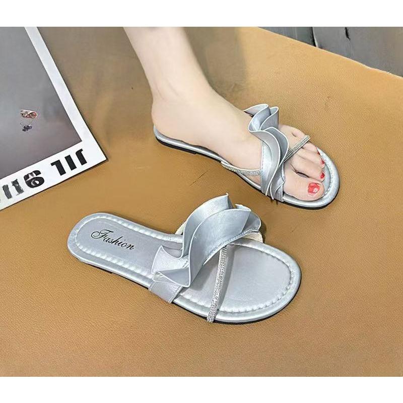 

Golden beach one-word sandals new women s summer wear high-end flat-bottomed lotus leaf slippers 35 серебряный