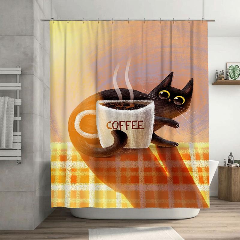 

Coffee Cup Shower Curtain With Black Cat Design For Bathroom Decor Cartoon Print Home Accessories Towel Background W60H190(CM)-1 Pcs