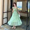 Women Green Floral Maxi Dress, Ruffle Sleeve Tiered Vacation Dress