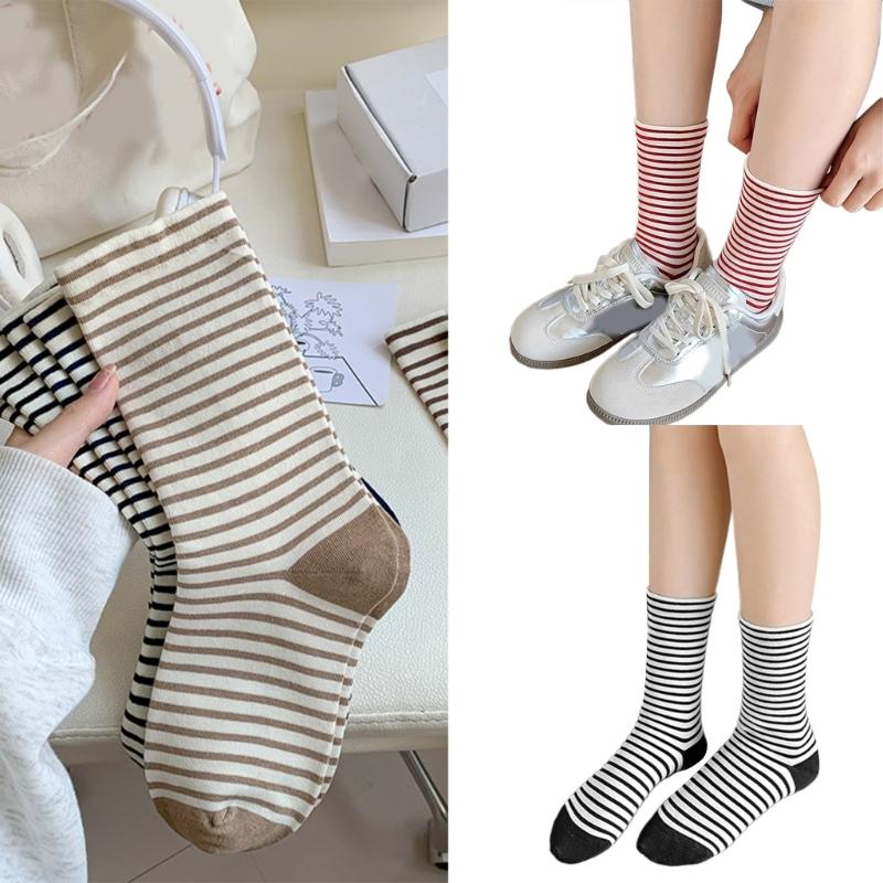 Womens Japanese Korean Cotton Middle Calf Socks Elegant College Style Casual Multicolored Striped Crew Socks Streetwear