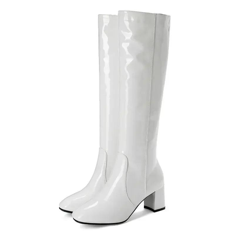 Autumn Winter Boots for Women Mid Calf Boot Zipper Cover Heel PU 6CM Knee Over Boots for Stage Performances Women Shoes White