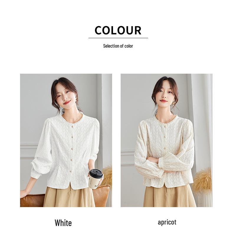 Women's Long Sleeve Embroidered Shirt - New Chinese Style, Apricot Round Neck, 2025 Autumn Collection