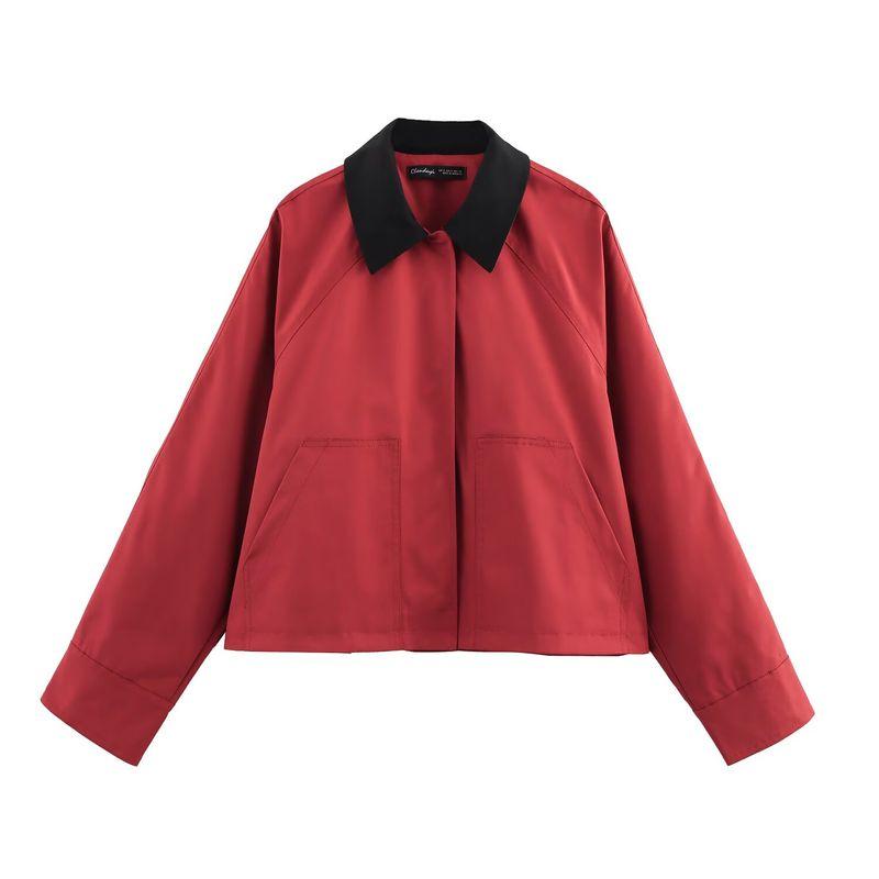 

Kaslead New Women clothes Western Style Versitile Fashion Patchwork Collar Waxing Leather Coat 4341879 Red XS