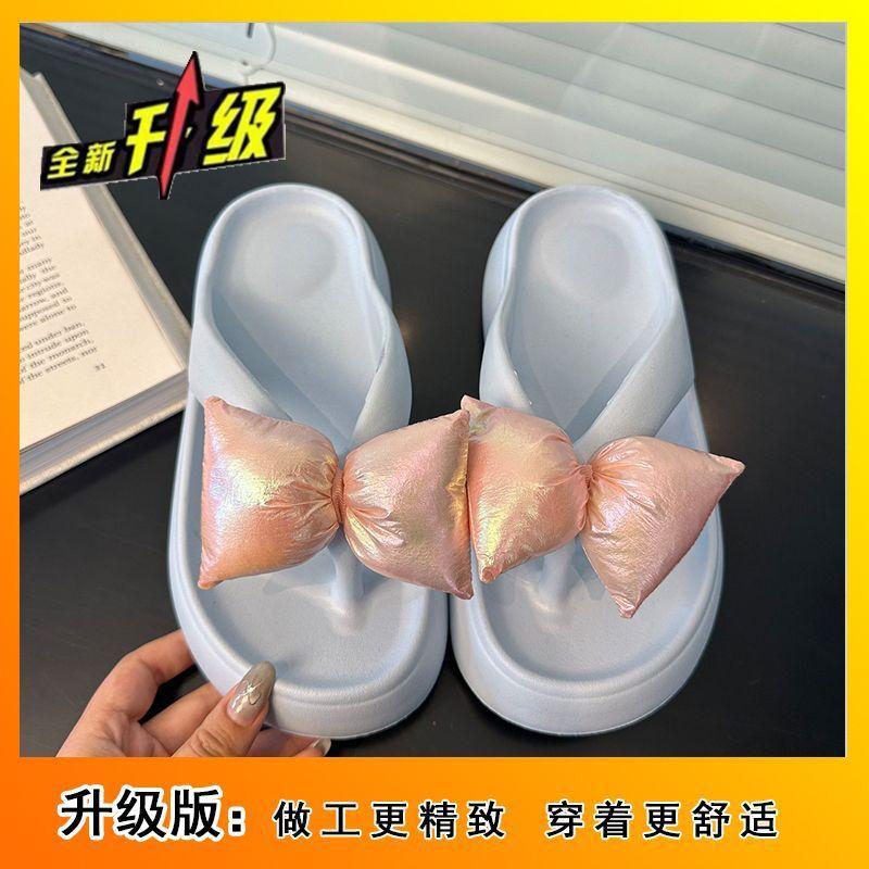 Outer Wear Pinch Foot Flat Bottom Beach Non-slip Cool Slippers Fashion Internet Celebrity Bow Flip-flops Women 2025 Summer and Autumn New