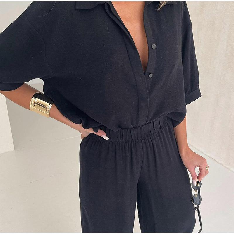 Women's Mid Sleeved Shirt and Wide Leg Pants Set with Solid Color Ruffle Decoration Women's Summer Set with Daily Casual Style Clothes