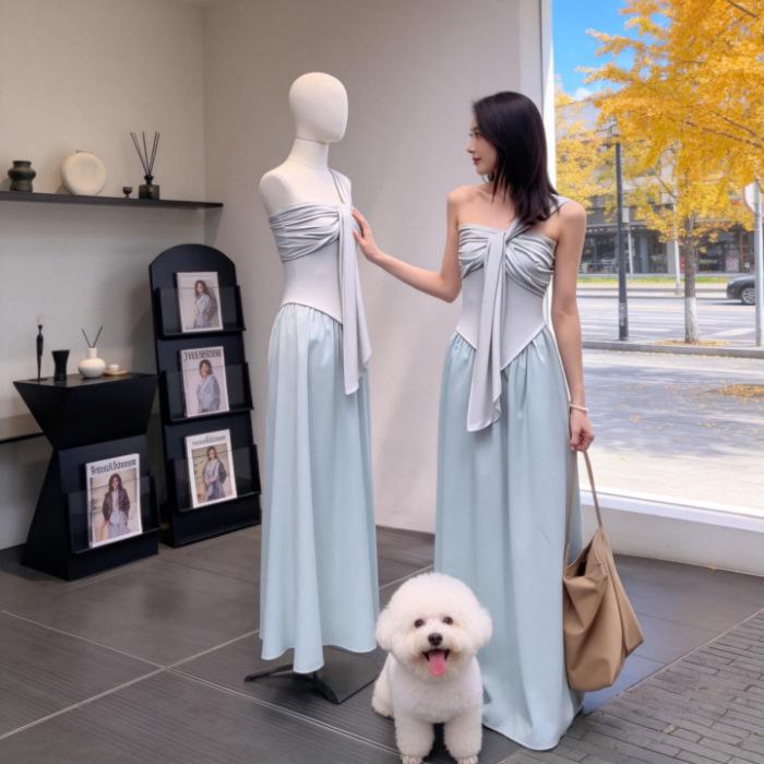 Women s Elegant One-Shoulder Strapless Dress: Summer 2026 Slimming Waist-Cinched Long Design Small