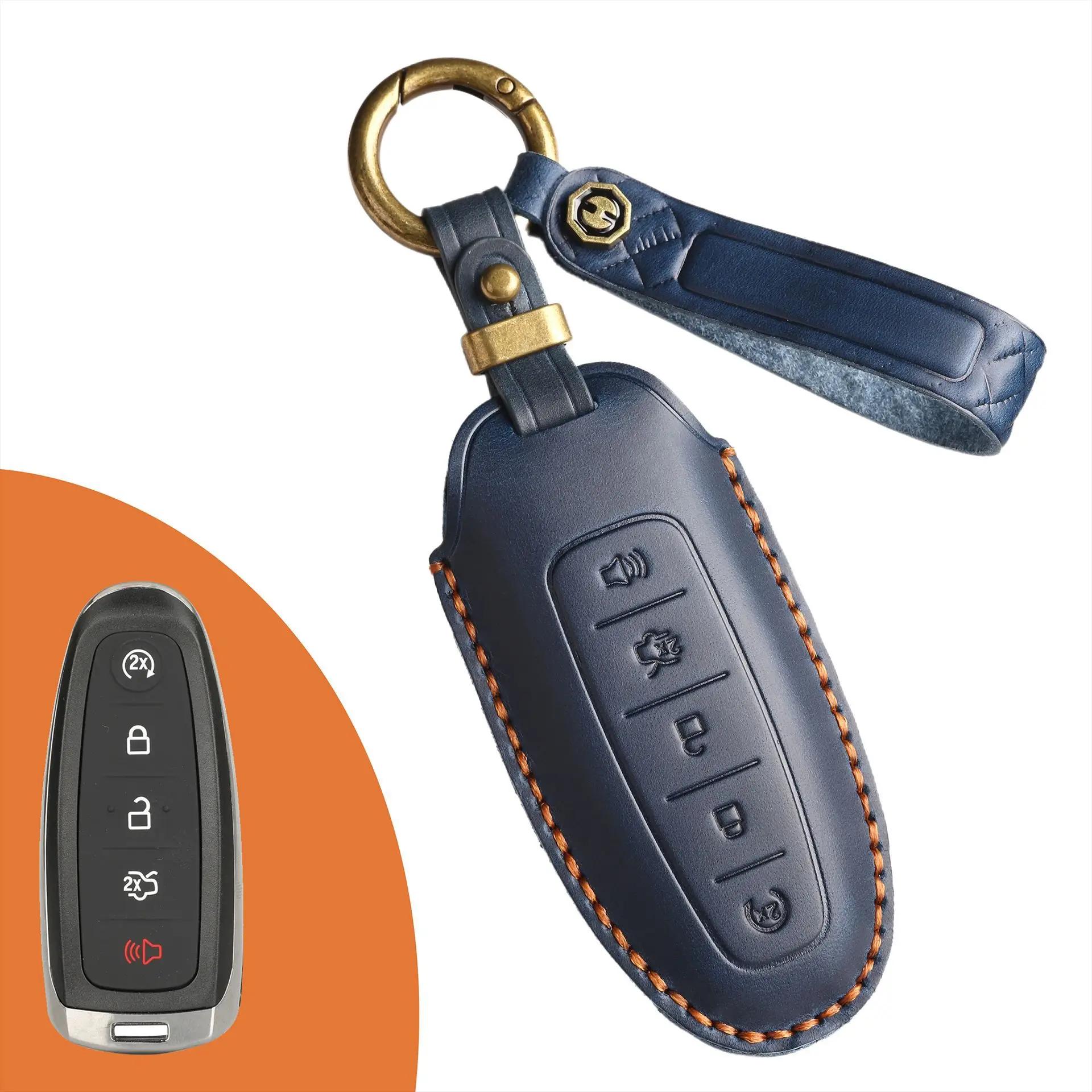 

New Leather Car Key Case Cover Fob Accessories For Lincoln Aviator Navigator For Ford Edge Escape Explorer Focus Keychain Holder