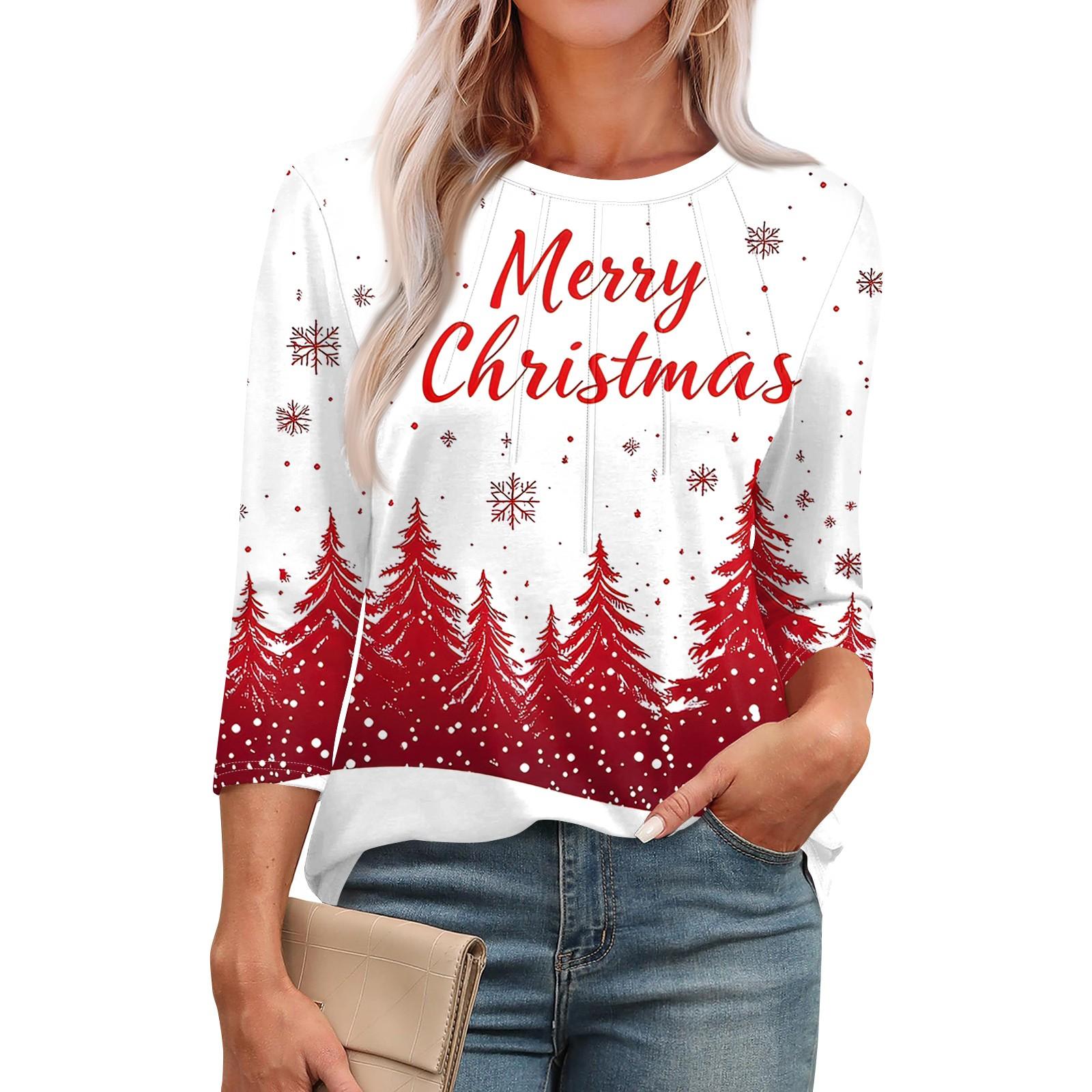 

Женская модная футболка с круглым вырезом и рукавом 3/4 с рождественскими принтами, повседневная базовая плиссированная футболка-пуловер S белый