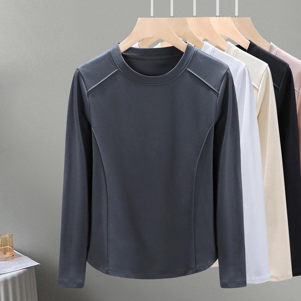 Rundhals mercerisierte Baumwolle langärmlig Damen Herbst neu Bogen Saum mit unterer Taille Slim Top