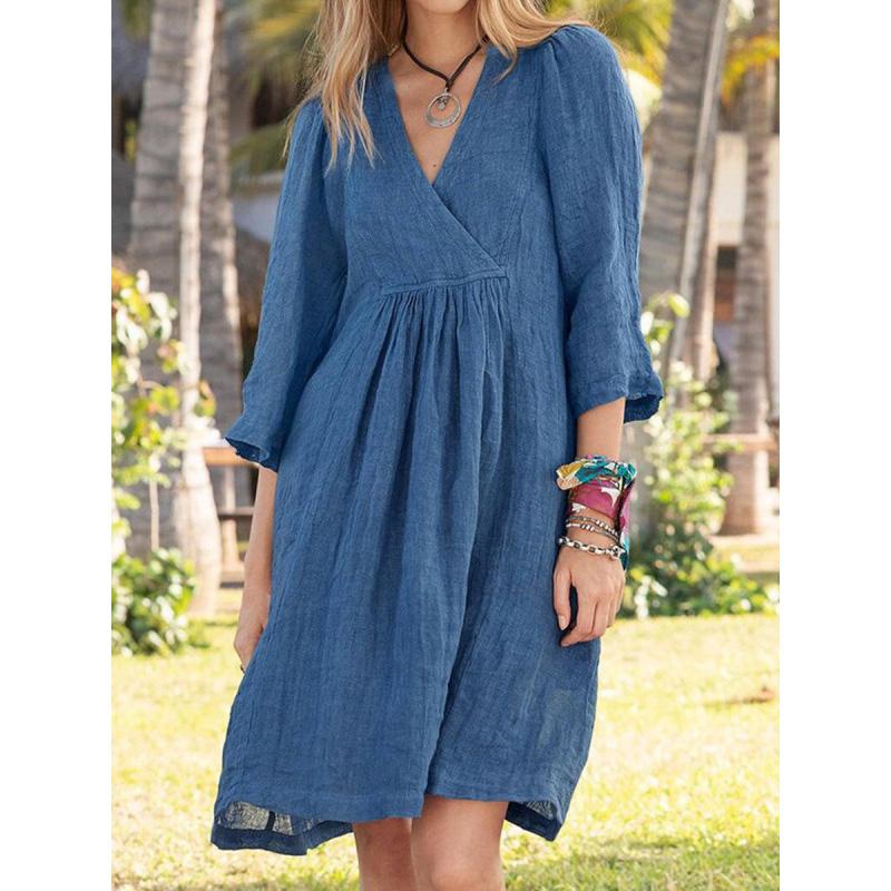 

Women s Linen Blend V-Neck 3/4 Sleeve Midi Dress Solid Color Casual Relaxed Fit Summer S синий