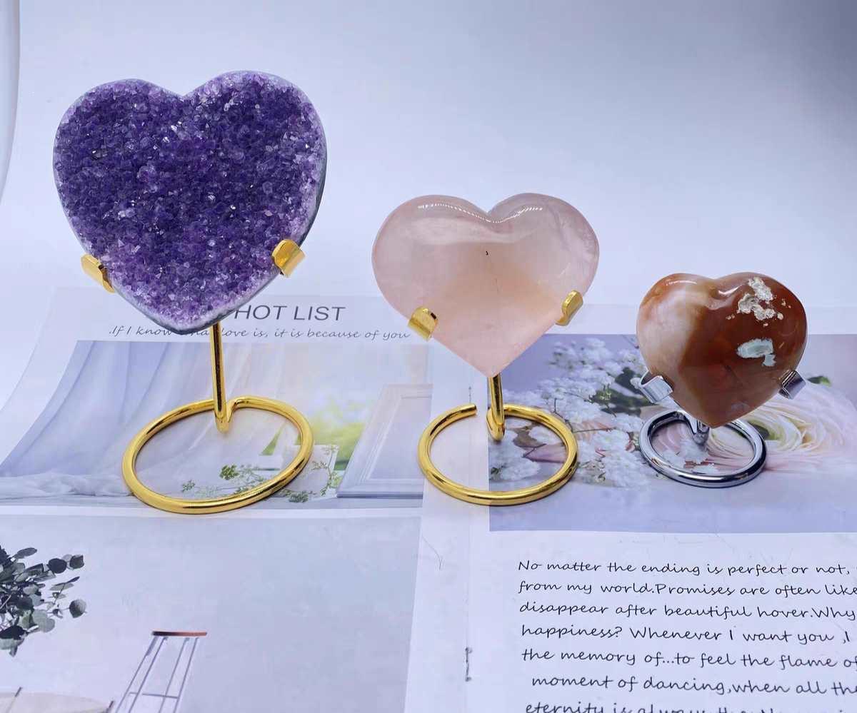 Crystal Raw Stone Jade Stand with Amethyst Cluster and Metal Base Gold Small
