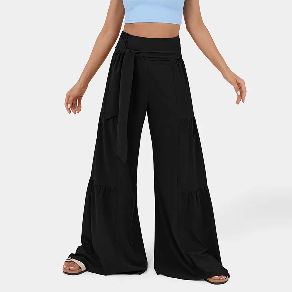 Hohe Taille Gürtel Binden Schlitz Weites Bein Schnelltrocknende Freizeithose Yoga Weites Bein Seitenschlitz Sommer Freizeithose Weites Bein