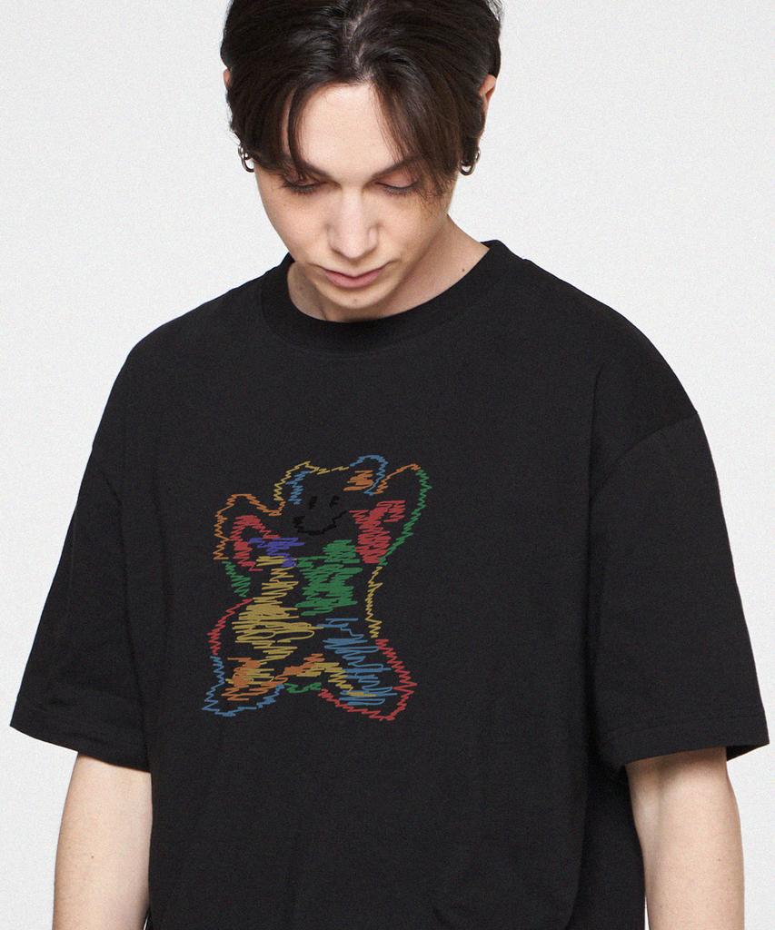 GRAVER [Unisex] Rainbow Big Cloud Bear Smile Short Sleeve T-Shirt_Black