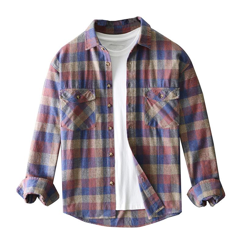Autumn and Winter Shirts for Men American Retro Dropped Shoulder Plaid Shirt Men Long Sleeve Pure Cotton Casual Tops