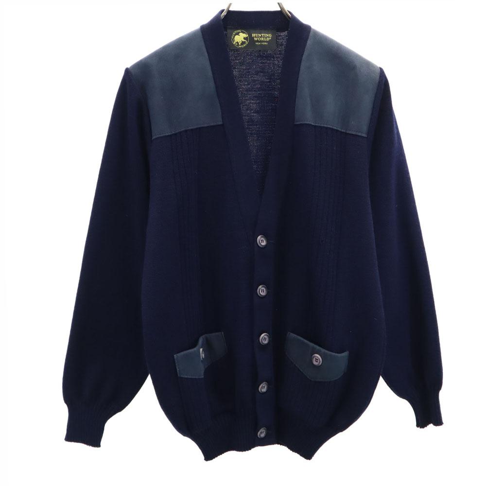 HUNTING WORLD 90-talls Ull Gammel Langermet V-hals strikket cardigan M Marineblå Herre Brukt