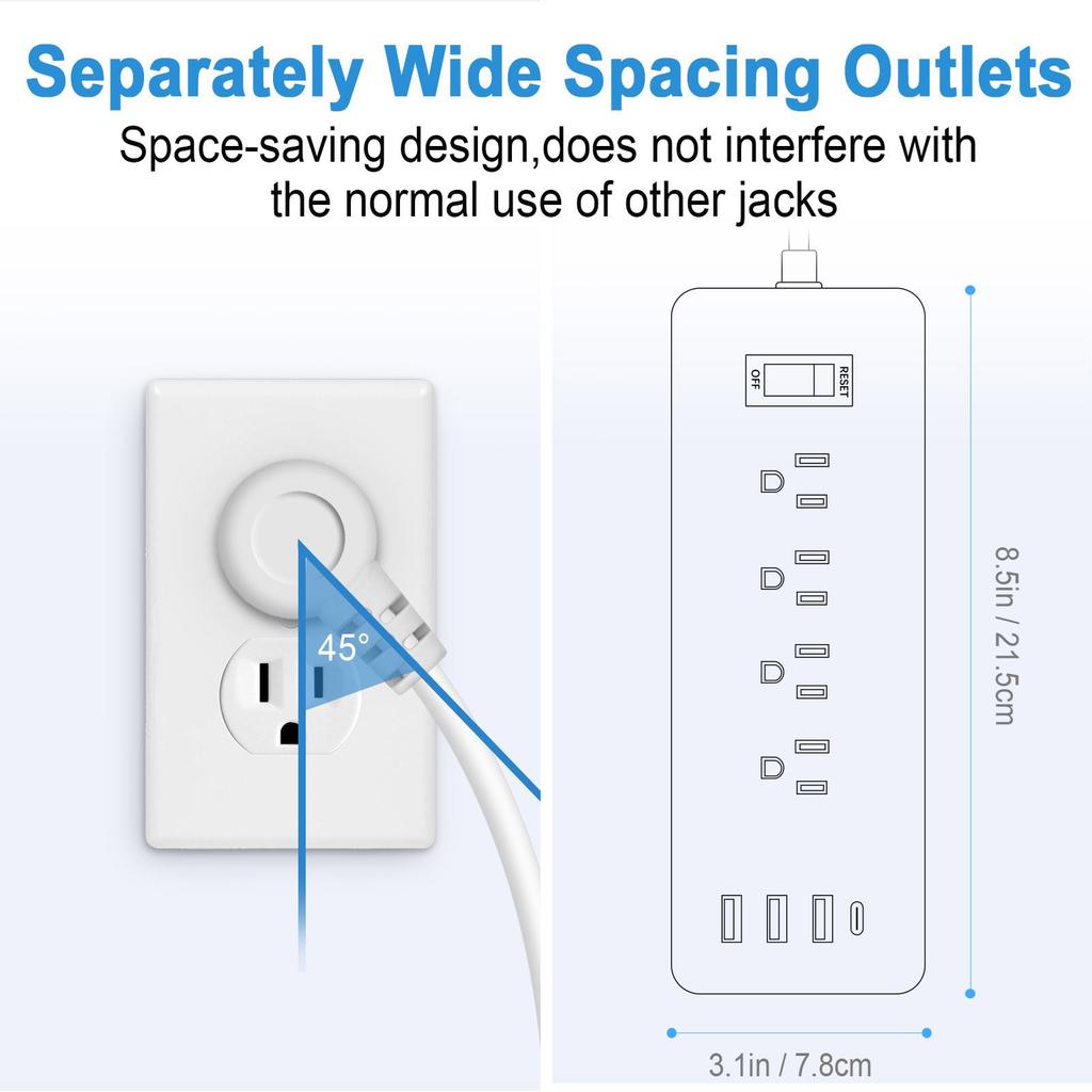 3 Side Designs Wall Mountable Power Strips Surge Protectors 12Outlets USB Port Low Profile Plugs Perfect for Home Office