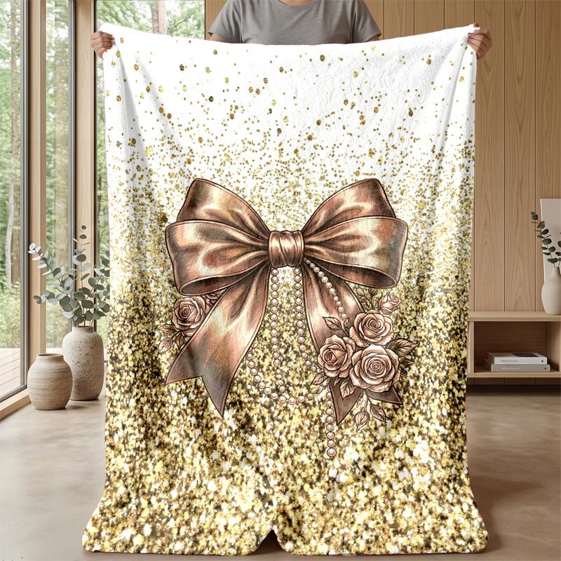 Gold Glitter Leopard Roses Theme Blanket Lightweight Warm Flannel Blanket Decorative Throw Blanket for Home Decoration
