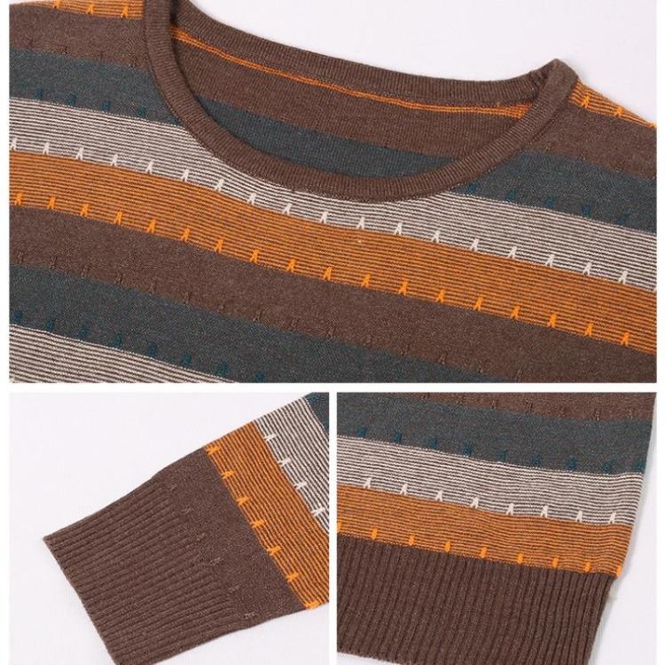 Women's Casual Pullover Knitted Sweater Tops with Contrast Color Striped Long Sleeve and Round Neck for Autumn Winter Comfortable