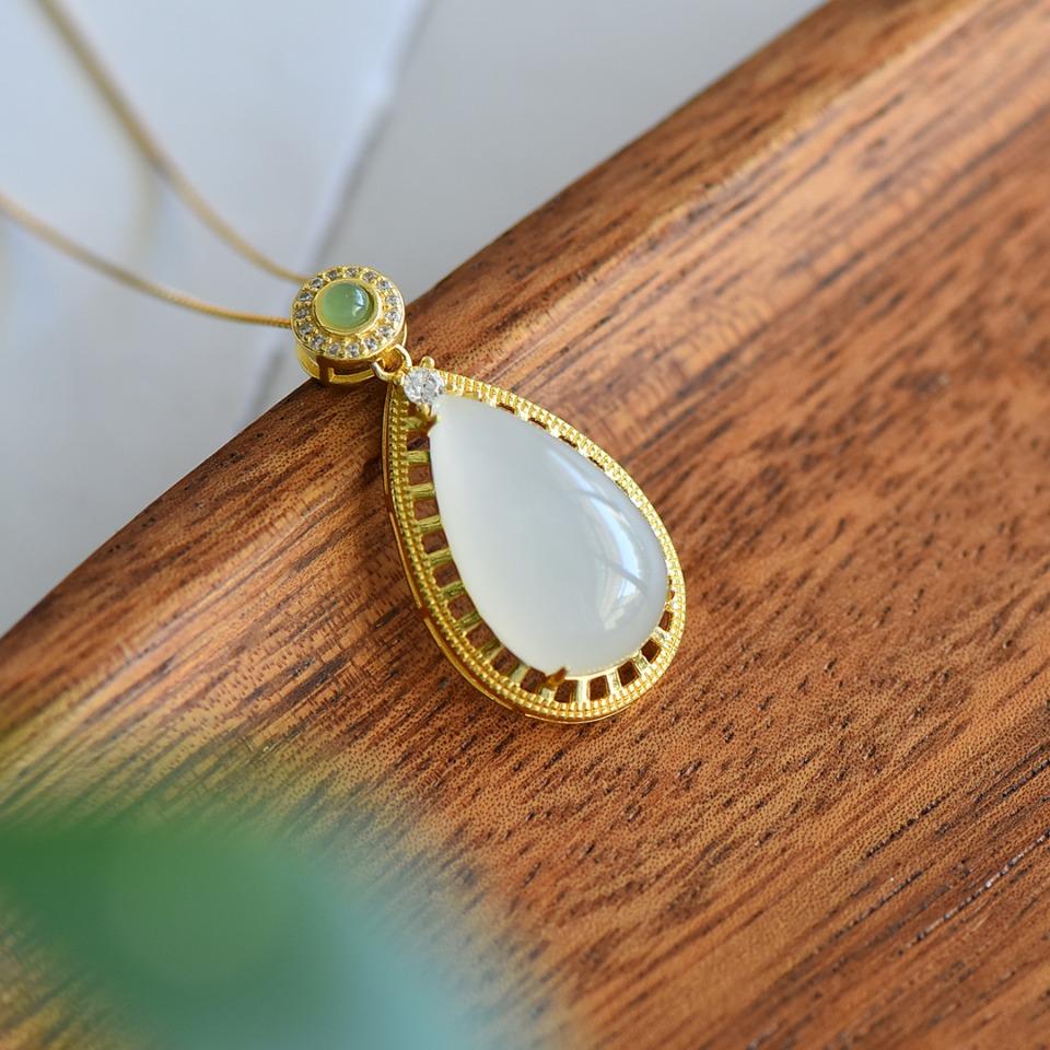 Hotan Jade S925 Silver Inlaid White Jade Water Drop Pendant Necklace