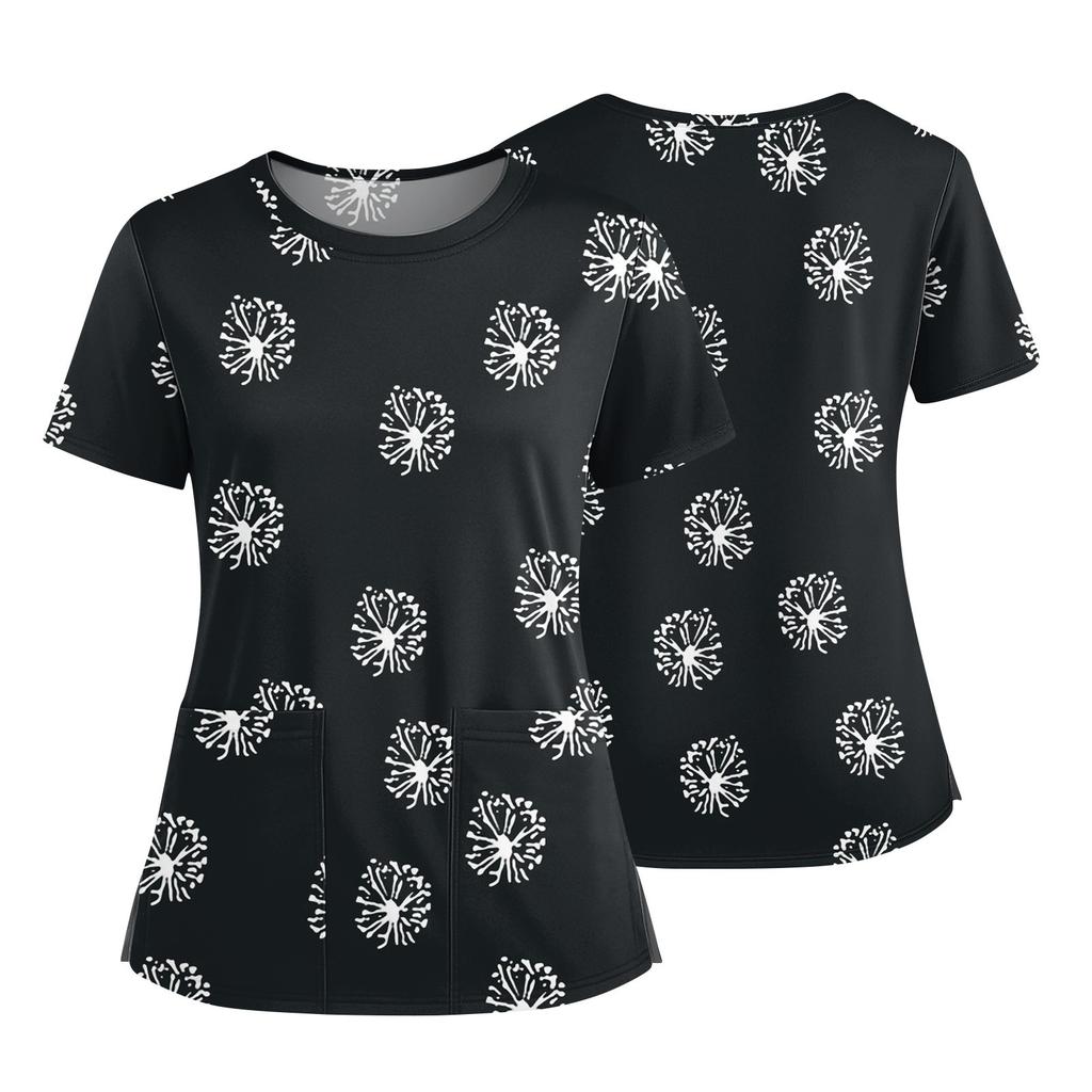 Women's Fashionable Printed Round Neck Pocket Short Sleeved Shirt With Slit Hem Uniform And Worker's Top
