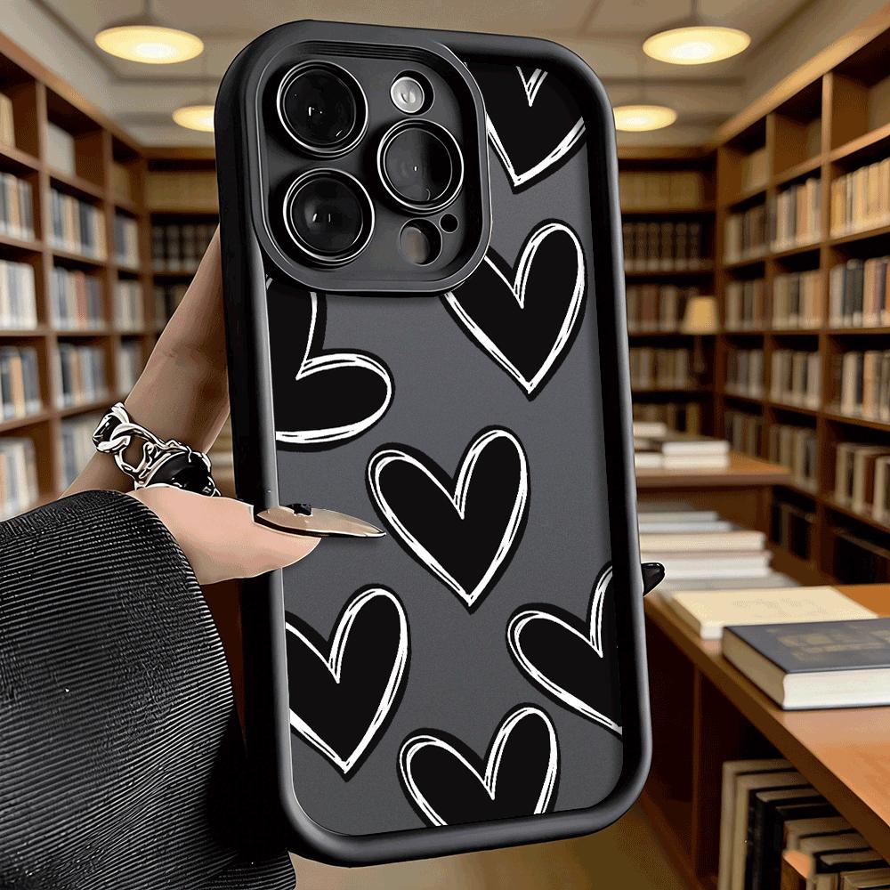 Black Brushstroke Hearts Soft TPU Phone Case for iPhone 17 16 15 14 13 12 11 Pro Max Plus Shockproof Anti-Slip Cover