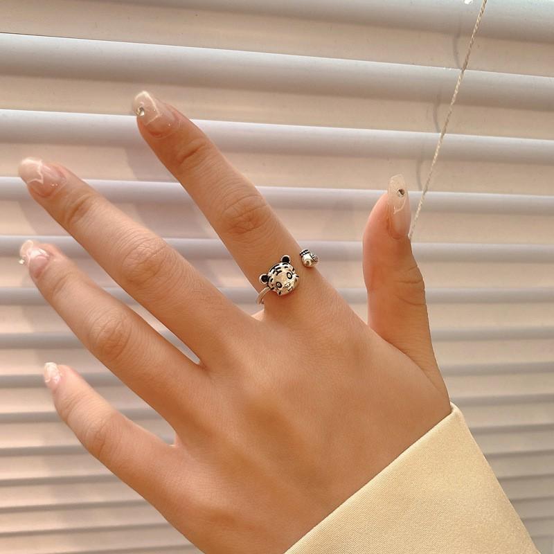 Adjustable Sterling Cute Tiger Ring Women Men Vintage Geometric Open Band Jewelry
