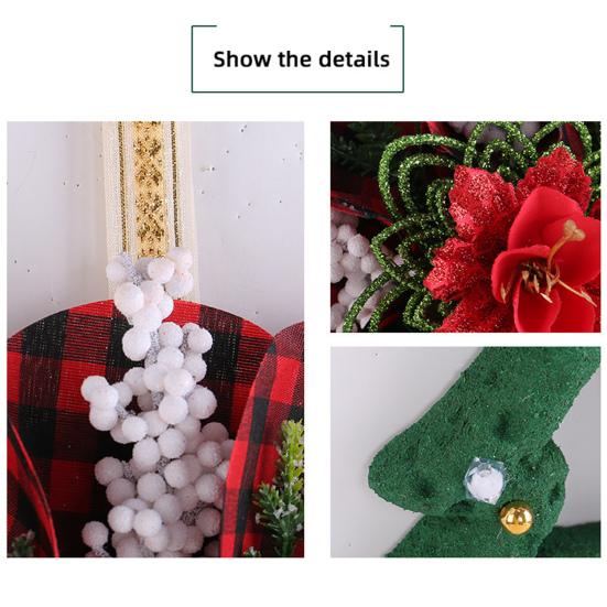 Christmas Wreath Decoration Red Artificial Poinsettias Buffalo Plaid Wreath with Star/Tree Ornament for Wall Window Porch Door Indoor Outdoor Decor
