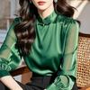 2025 Elegant Green Satin Shirt with Mandarin Collar and Frog Buttons