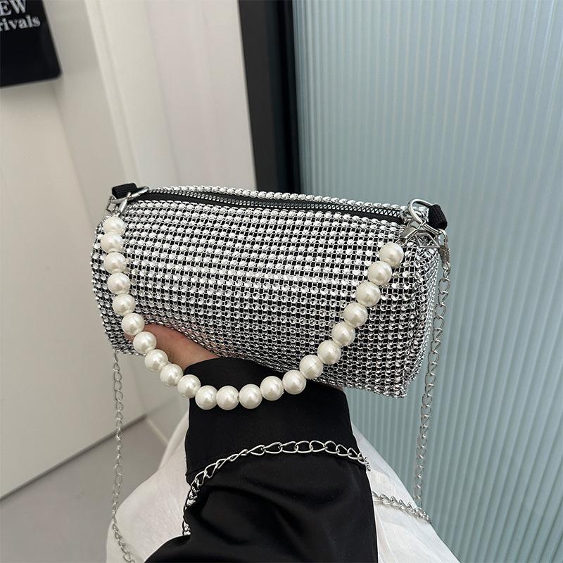Fashion Rhinestone Shoulder Bag Pearl Chain Bag Phone Pouch Zipper Crossbody Bag Or Women Handbag