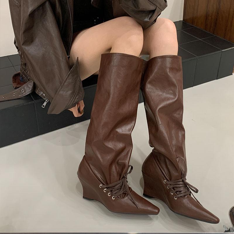 Fashion Shoes With Wedges Women Knee High Boots Female Slip On Shoes Fashion Pointed Toe Party Ladies Long Modern Boots Pumps