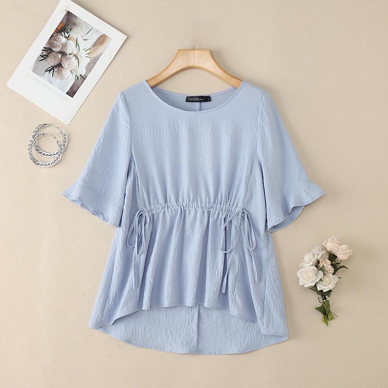

ZANZEA Women Casual Round Neck Loose Drawstring Waist Half Sleeve Blouse M синий
