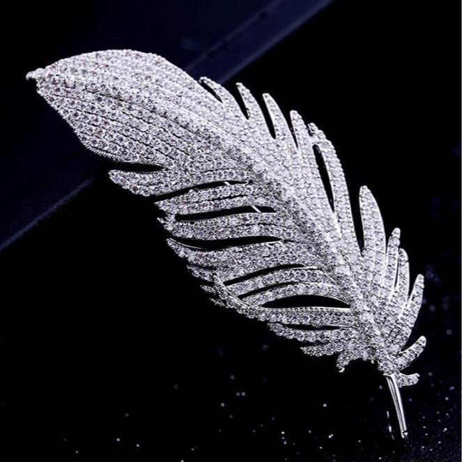 Vintage Full Rhinestone Gold Plated Silver Color Feather Brooches Women Copper Micro Inlaid Pins Wedding Party Jewelry Gift 1PCS