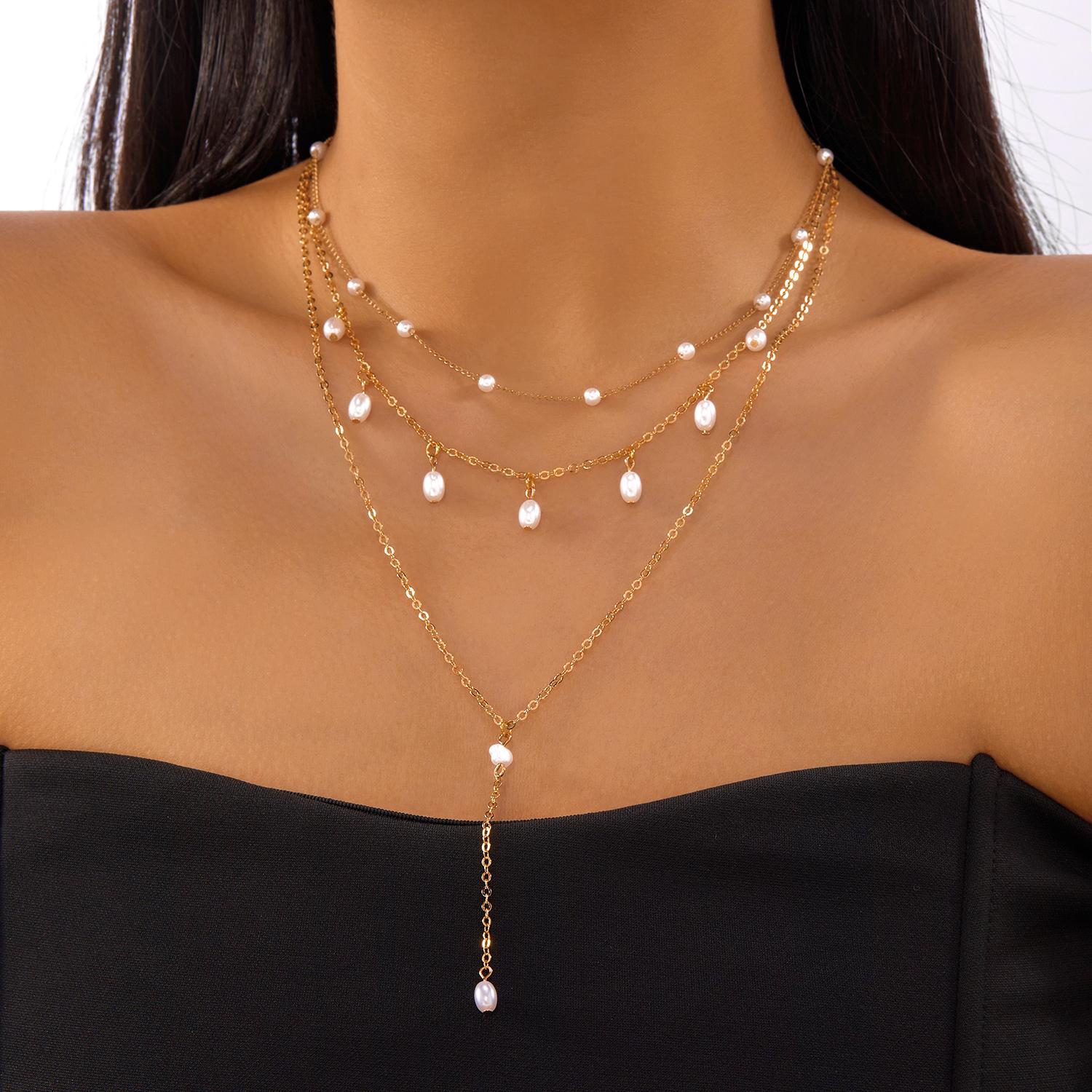 

New Korean Imitation Pearl Multi Layered Necklace for Women Pearl Beads Pendant Tassel Metal Chain Choker Sexy Fashion Jewelry
