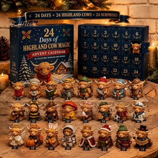 Kolekcja Ozdób w Stylu Retro Kalendarz Adwentowy 24 Dni Magii Krowy Szkockiej, Unikalne Mini Ozdoby Zagrodowe Świąteczne Figurki, Dekoracja, Boże Narodzenie