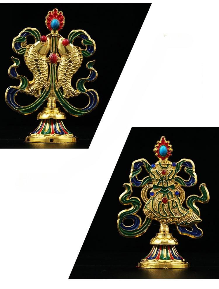 Tibetan Eight Auspicious Ornaments Painted Tibetan Engraved Treasures Statue Alloy Handicraft Buddhism Home Desktop Pendant 8pcs