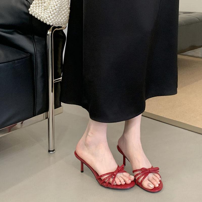 Fashion Women Thin Heels Sandals Slides Shoes Butterfly-Knot Footwear Fashion Round Toe Ladies High Heels Shoes Female Sandals Pumps