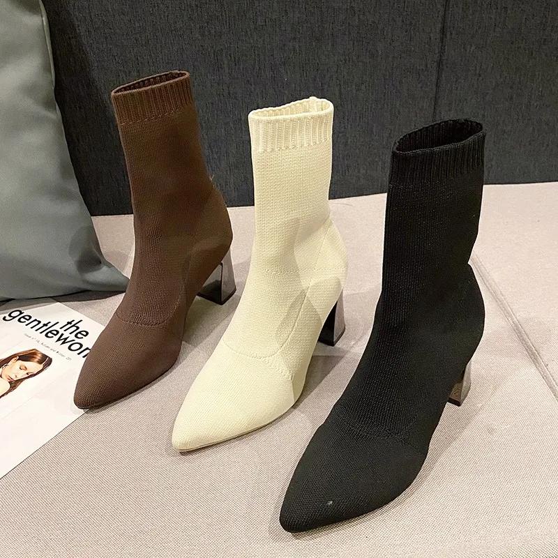 Fashion 2025 New Autumn Winter Thick High-heeled All-match Thin and Thin Boots Women's Pointed Toe Mid-tube Elastic Socks Boots Women
