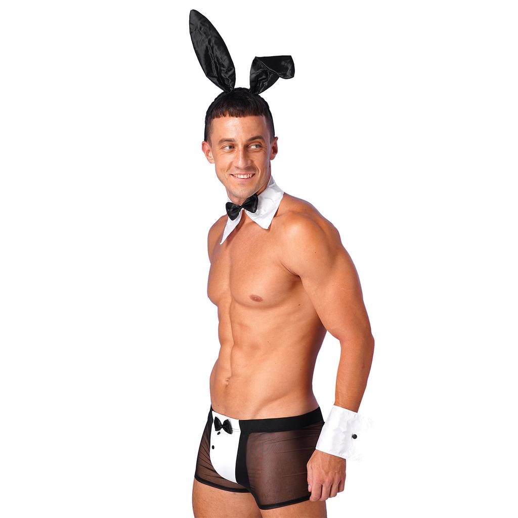 Mens Rabbit Ears See Through Boxer Briefs Underwear Set Halloween Costume