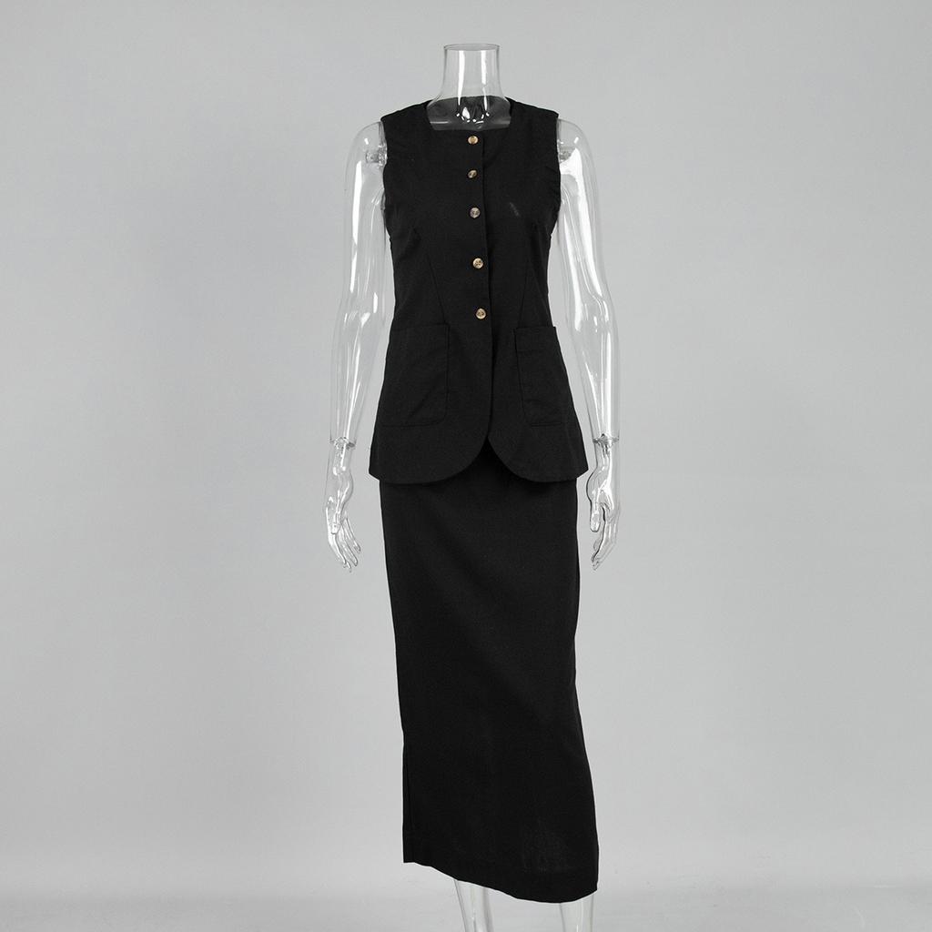 Frühling Sommer Neues Damen Leinen Freizeit Set Einfache Ärmellose Weste + High Waist Rock Zweiteiliges Outfit Europäischer Amerikanischer Stil