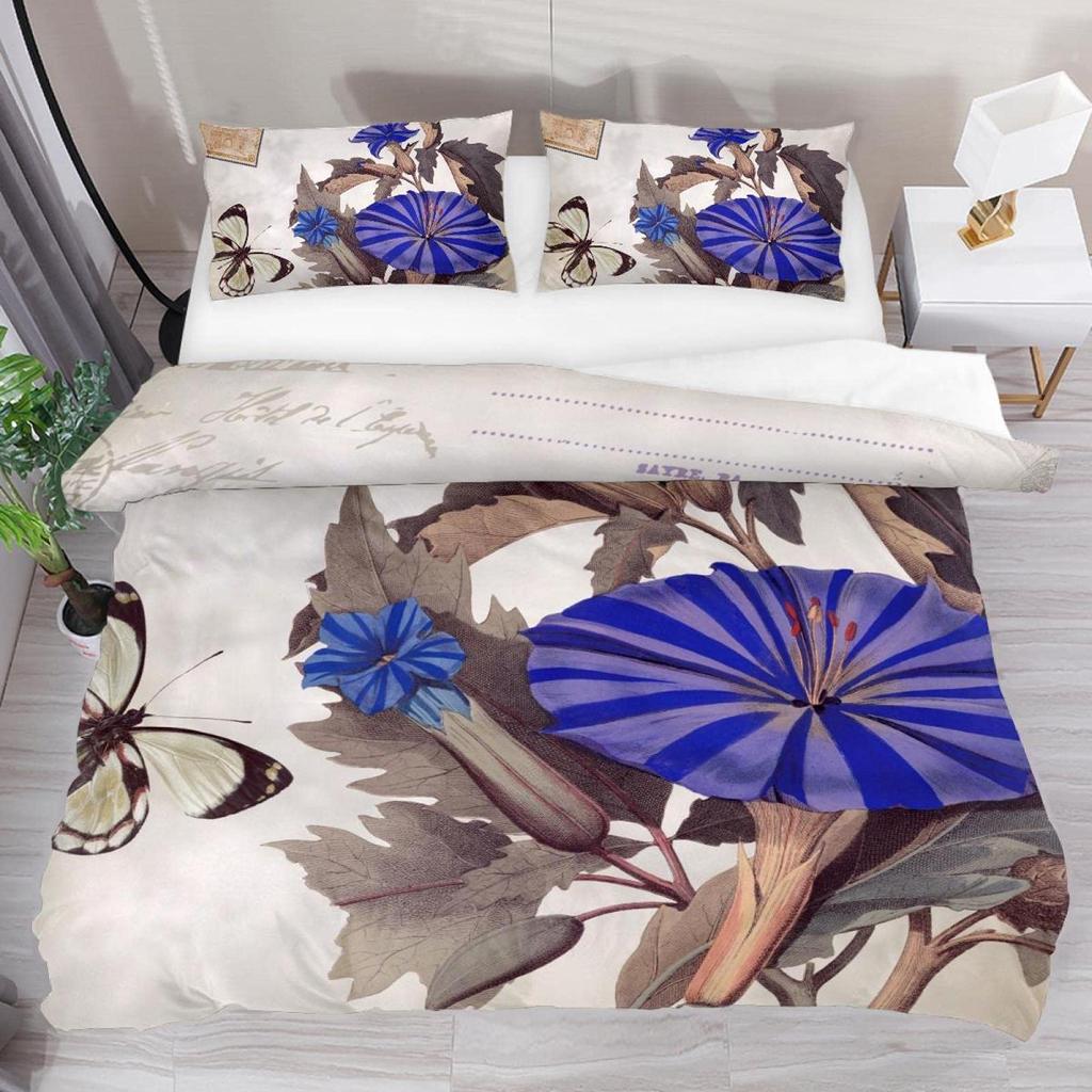 Morning Glory Duvet Cover for Girls Women,Purple Floral with Branch Quilt Cover Set King/Queen Size with Two Pillowcases,White