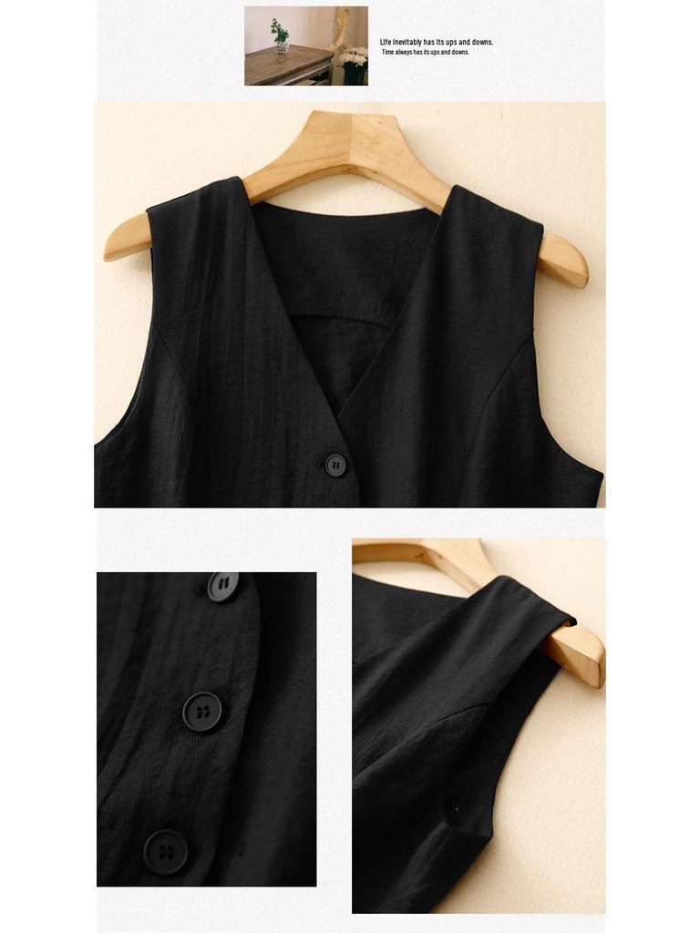 Women's Summer V-Neck Linen Vest - Solid Color, Sleeveless, Slim Fit Tank Top