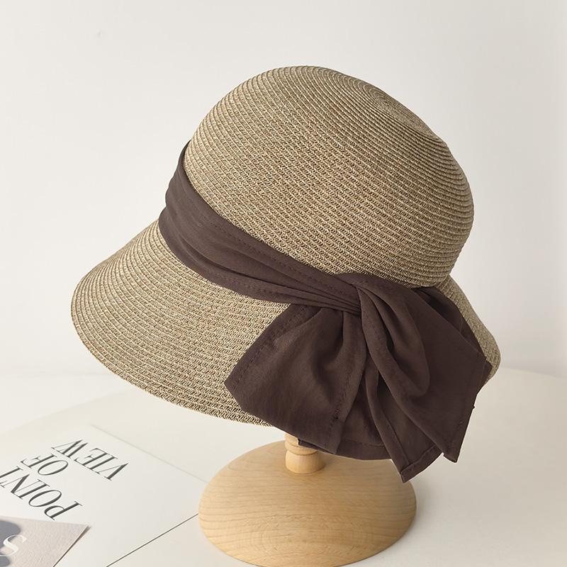 

Элегантная плиссированная шляпа-ведро из тонкой соломы с большим двойным бантом, женская летняя пляжная соломенная шляпа, дорожный козырек Adult (53-58cm head circumference) хаки